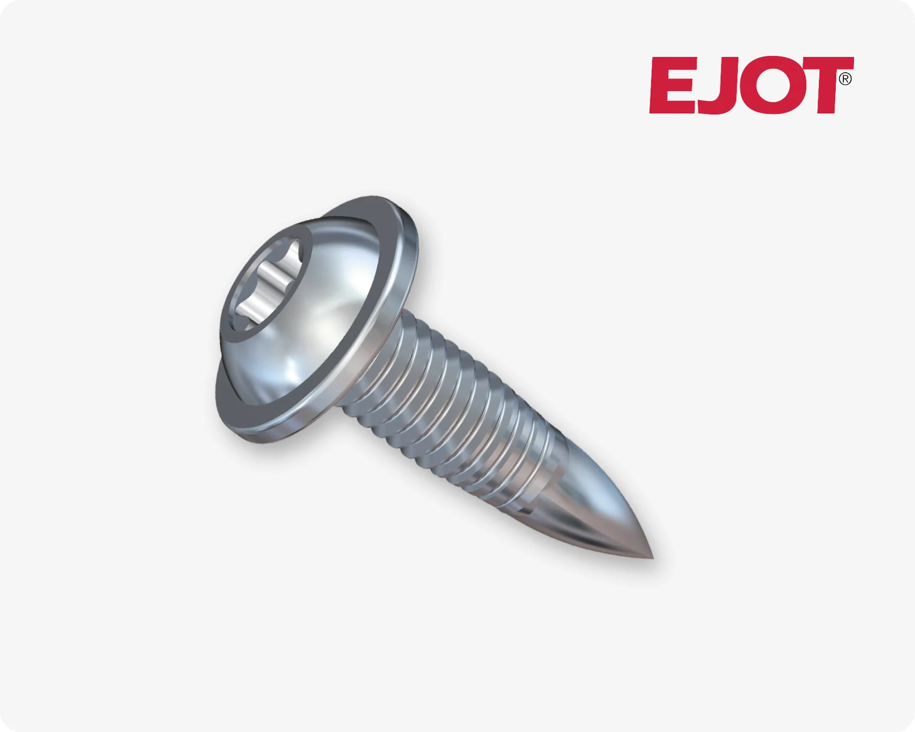 An EJOT FDS flow-drilling screw for detachable sheet metal connections on light grey background with the red EJOT logo in the top right corner.