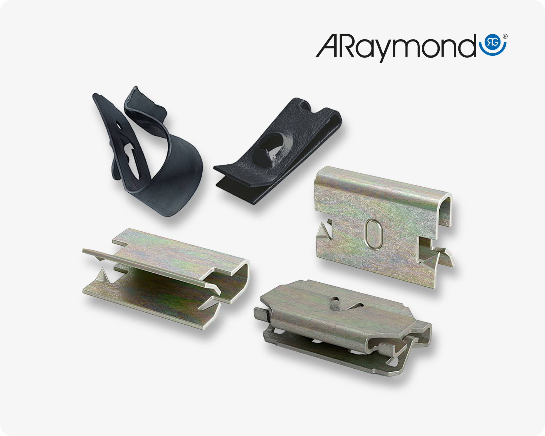 Different types of ARaymond clip fasteners, including panel clips and panel edge nuts on light grey background