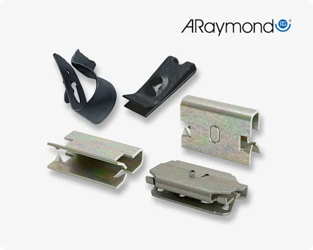 Different types of ARaymond clip fasteners, including panel clips and panel edge nuts on light grey background