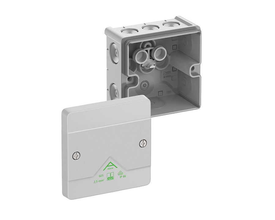 A Spelsberg Abox electrical junction box with open lid to see the inside.