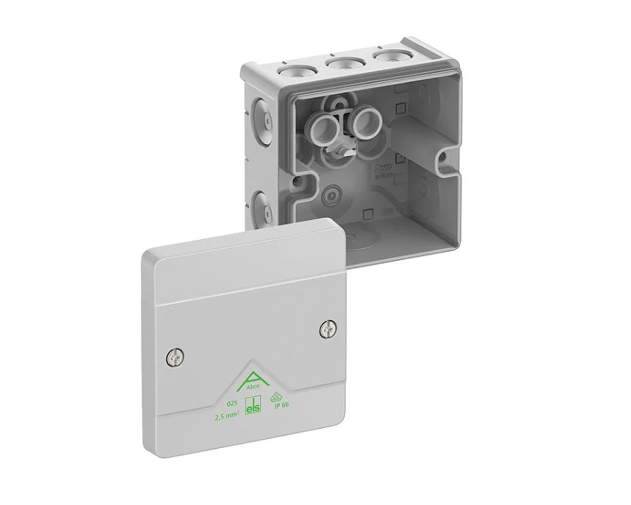 A Spelsberg Abox electrical junction box with open lid to see the inside.