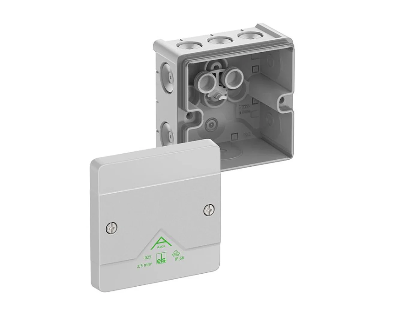 A Spelsberg Abox electrical junction box with open lid to see the inside.
