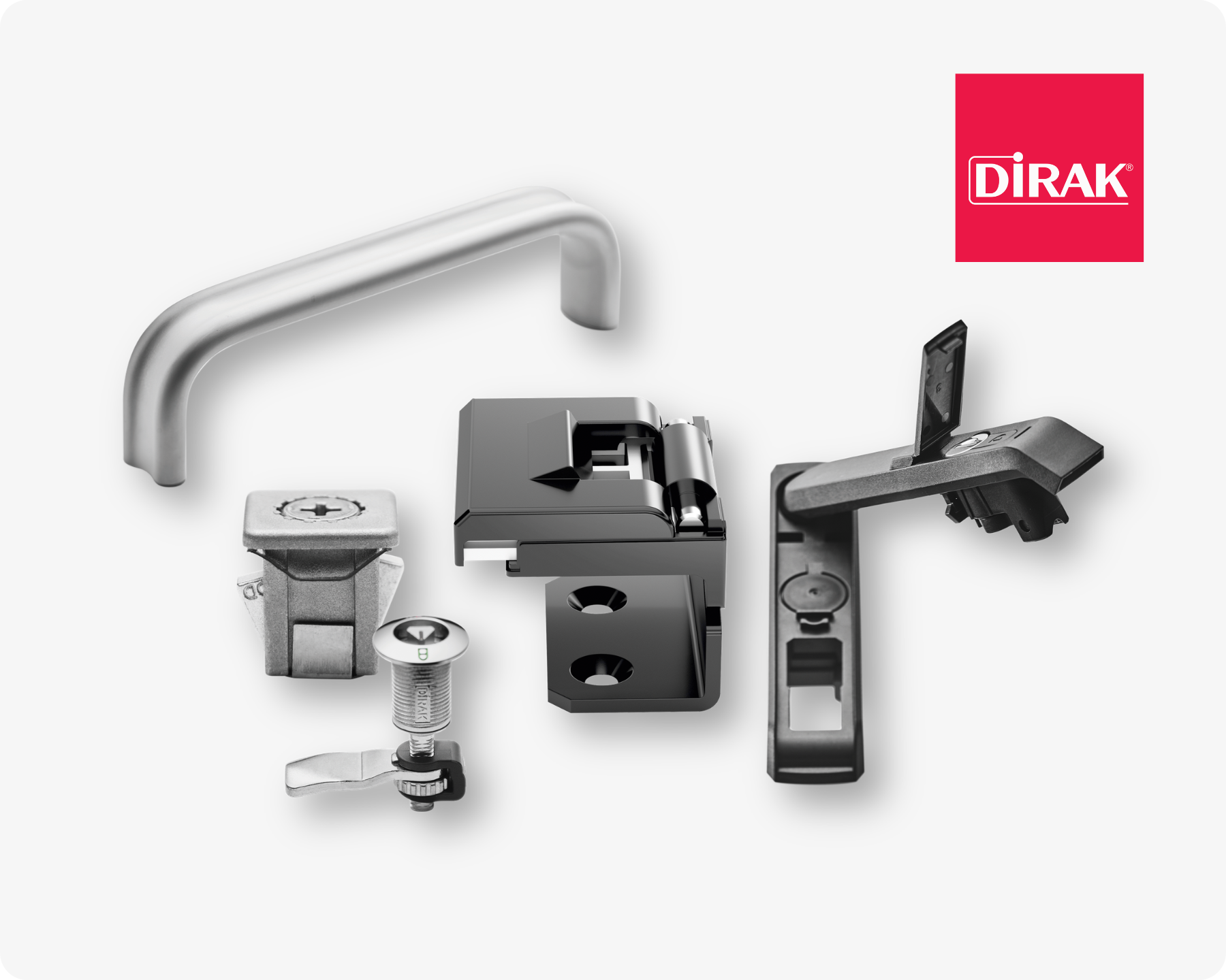 DIRAK® 多款访问与锁定解决方案产品展示，包括把手、四分之一转锁和铰链，置于浅灰背景上，右上角带有品牌标识。