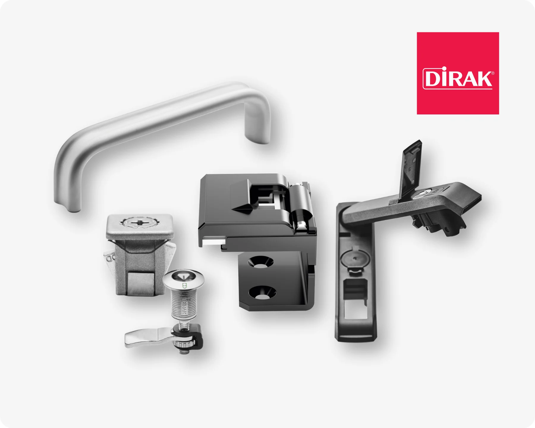 Different Dirak brand access solutions, including a handle, quarter-turn fastener and a hinge, on light grey background with the Dirak logo in the top right corner.