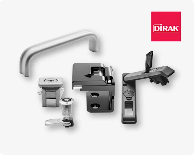 DIRAK® 多款访问与锁定解决方案产品展示,包括把手、四分之一转锁和铰链,置于浅灰背景上,右上角带有品牌标识。