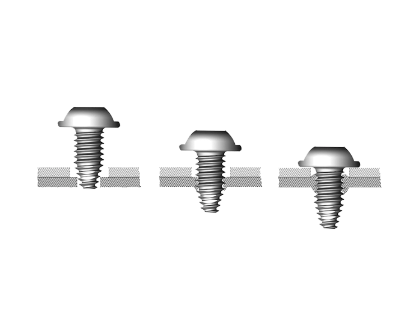 Three stages of the thread-forming process of an EJOT Sheettracs screw for sheet metal