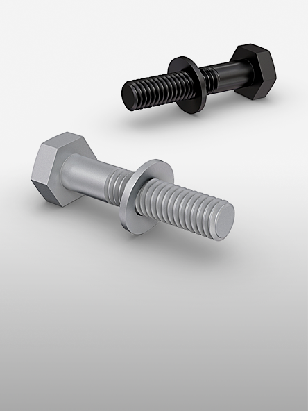 A grey and a black bolt with tribological dry coating and a washer on light grey background