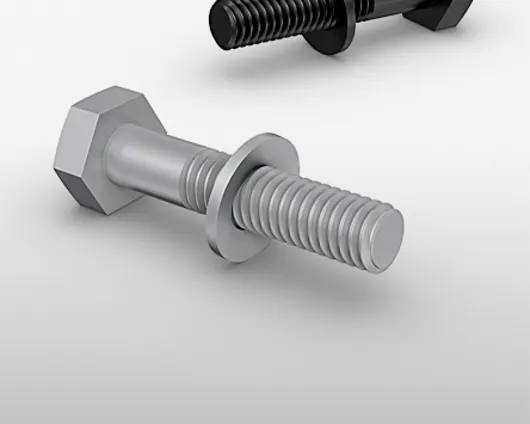 A grey and a black bolt with tribological dry coating and a washer on light grey background