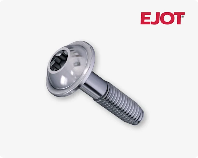 A close-up of an EJOT Altracs plus screw for direct fastening into metal on light grey background with the EJOT logo in the top right corner.
