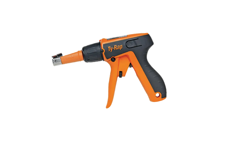 Orange and black ABB Ty-Rap cable tie gun for installing cable ties on white background