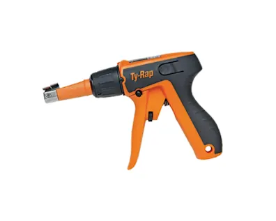 Orange and black ABB Ty-Rap cable tie gun for installing cable ties on white background