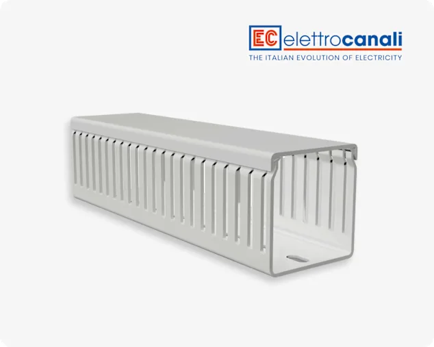 Elettrocanali slotted cable trunking system on light grey background