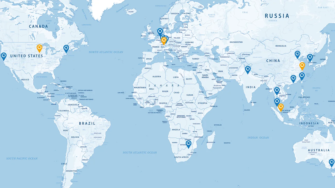 Global map in white and blue colors showing Bossard test labs worldwide.
