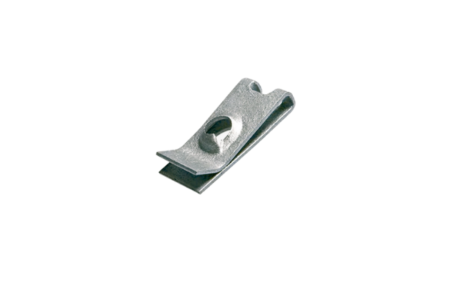 A metal ARaymond panel edge nut on white background