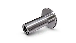 A stainless steel formed part (sleeve nut) on white background