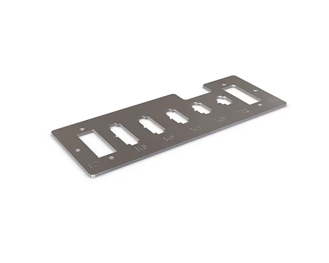 Metal bracket with multiple rectangular and keyhole cutouts, labeled K1 to K5, on a white background.