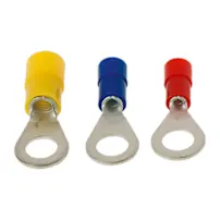 Three different solderless terminals by BM Group in yellow, blue and red on white background