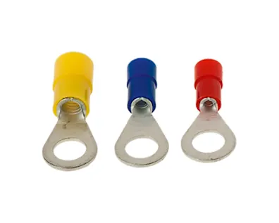 Three different solderless terminals by BM Group in yellow, blue and red on white background