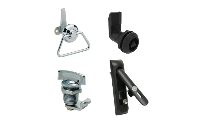 四种不同类型的Southco推入和拉出锁在白色背景上