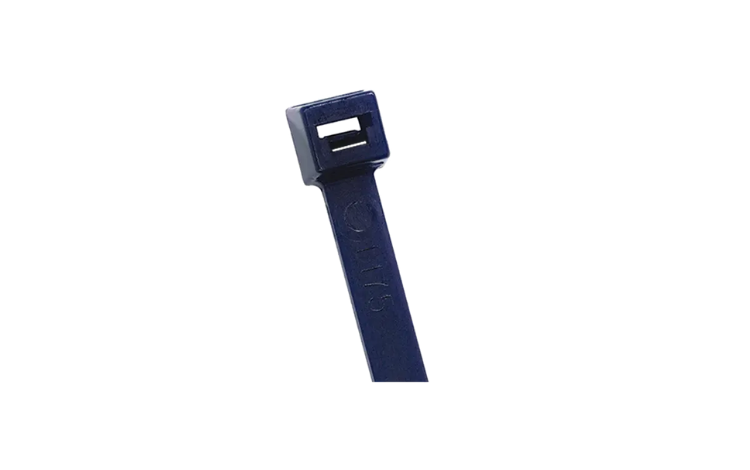 Close-up of a black ABB Ty-Fast cable tie on white background
