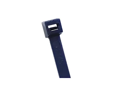 Close-up of a black ABB Ty-Fast cable tie on white background