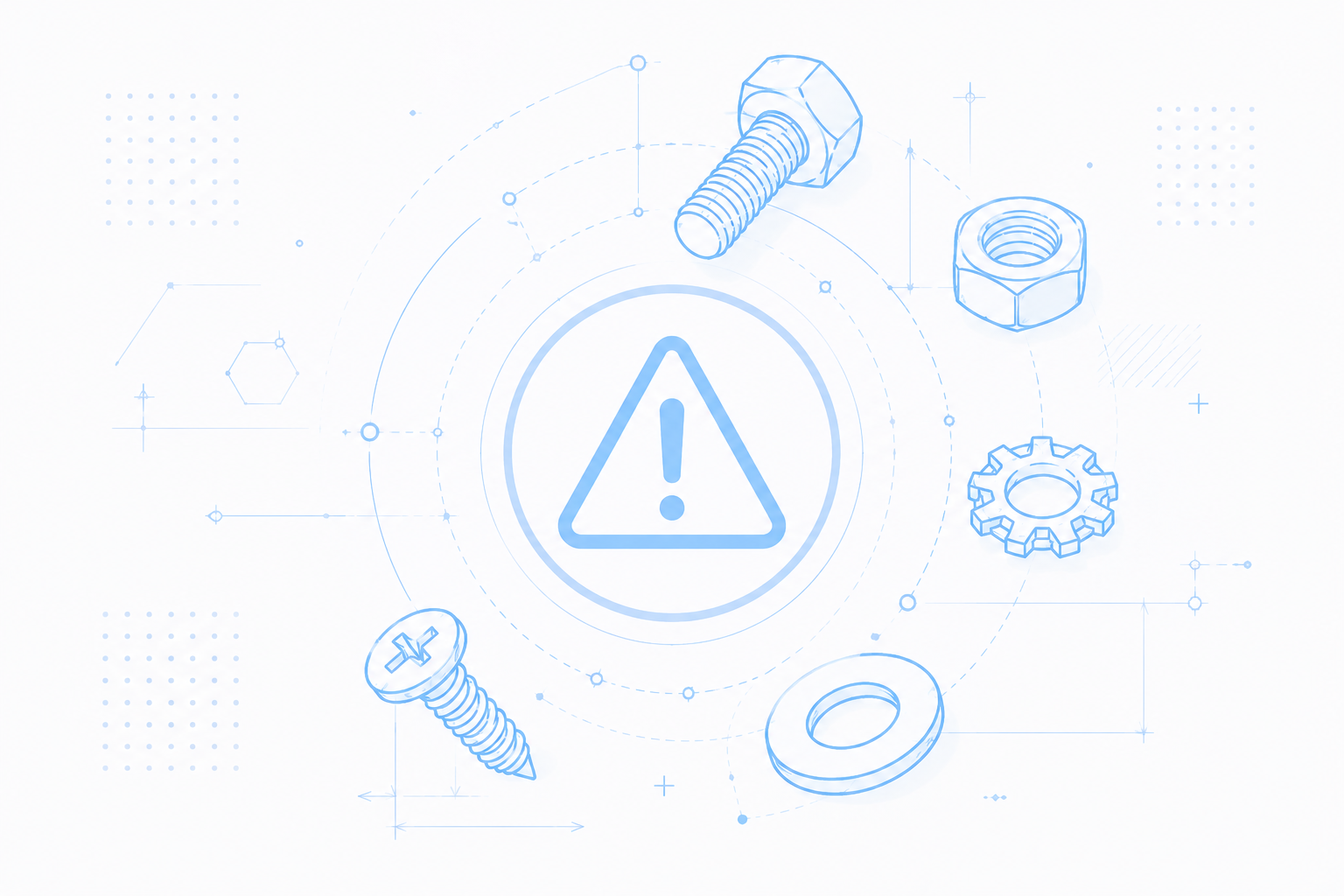 Assortment of fasteners drawn in light blue color in white background