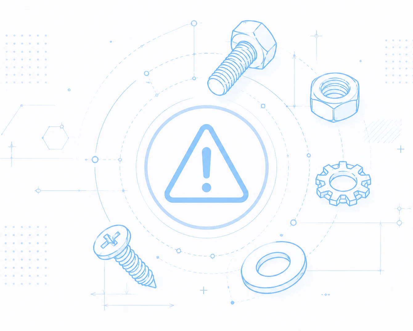 Assortment of fasteners drawn in light blue color in white background