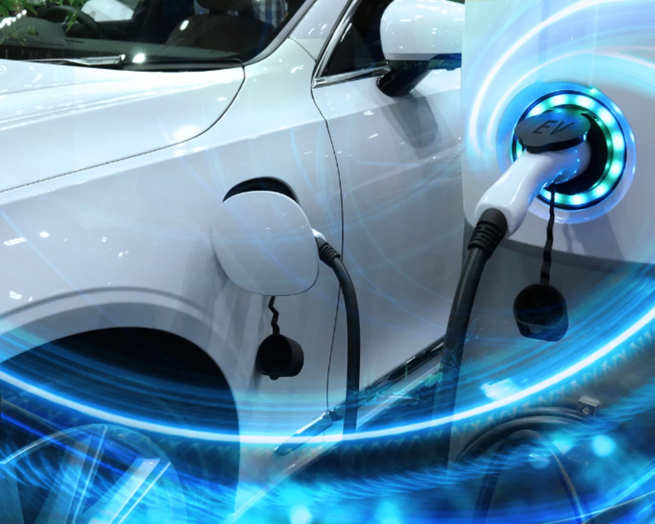 Electric vehicle charging with futuristic light effects, representing expert eMobility solutions.
