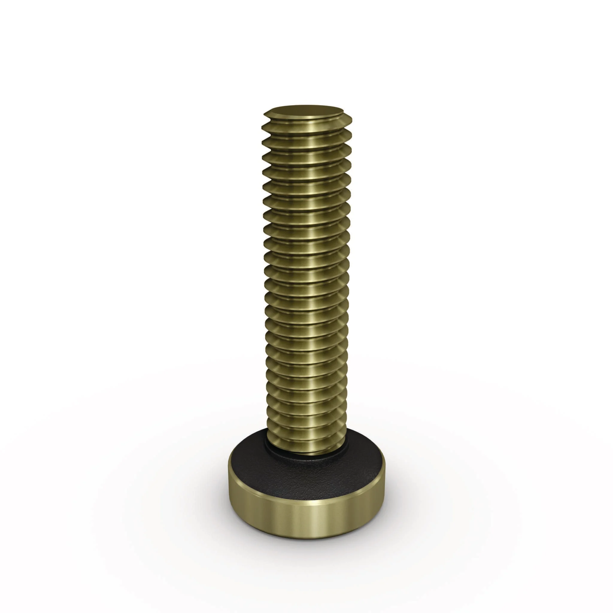 A brass colored bolt with black Nyplas under-head sealing coating on white background