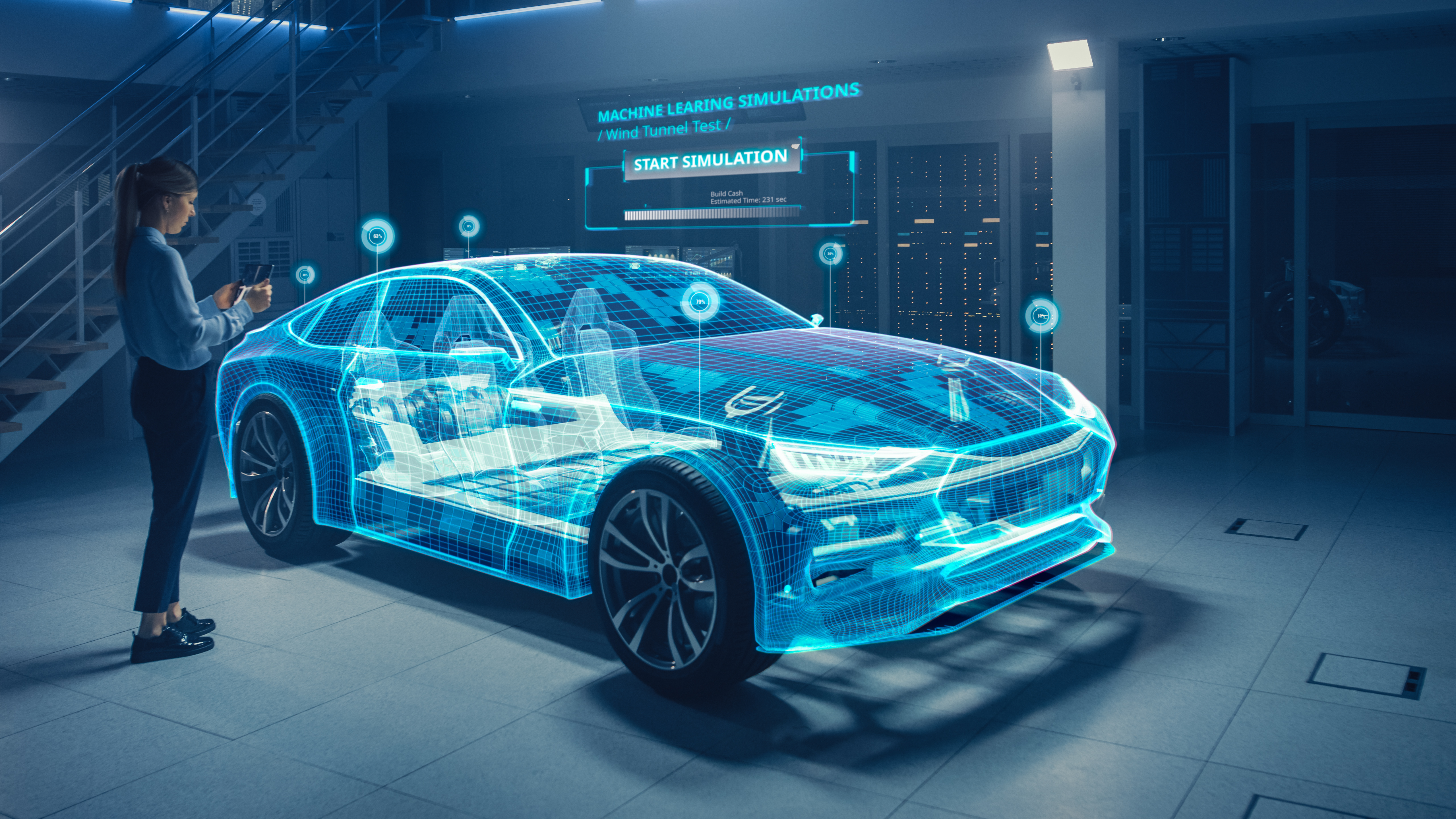 Engineer interacting with a digital simulation of a futuristic car, showcasing advanced automotive technology and innovation.