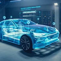 Engineer interacting with a digital simulation of a futuristic car, showcasing advanced automotive technology and innovation.