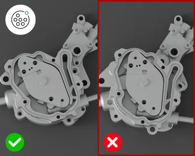 Outlier detection: split image of two components, one being assembled correctly, marked with a green checkmark, the other not, indicated by a red X