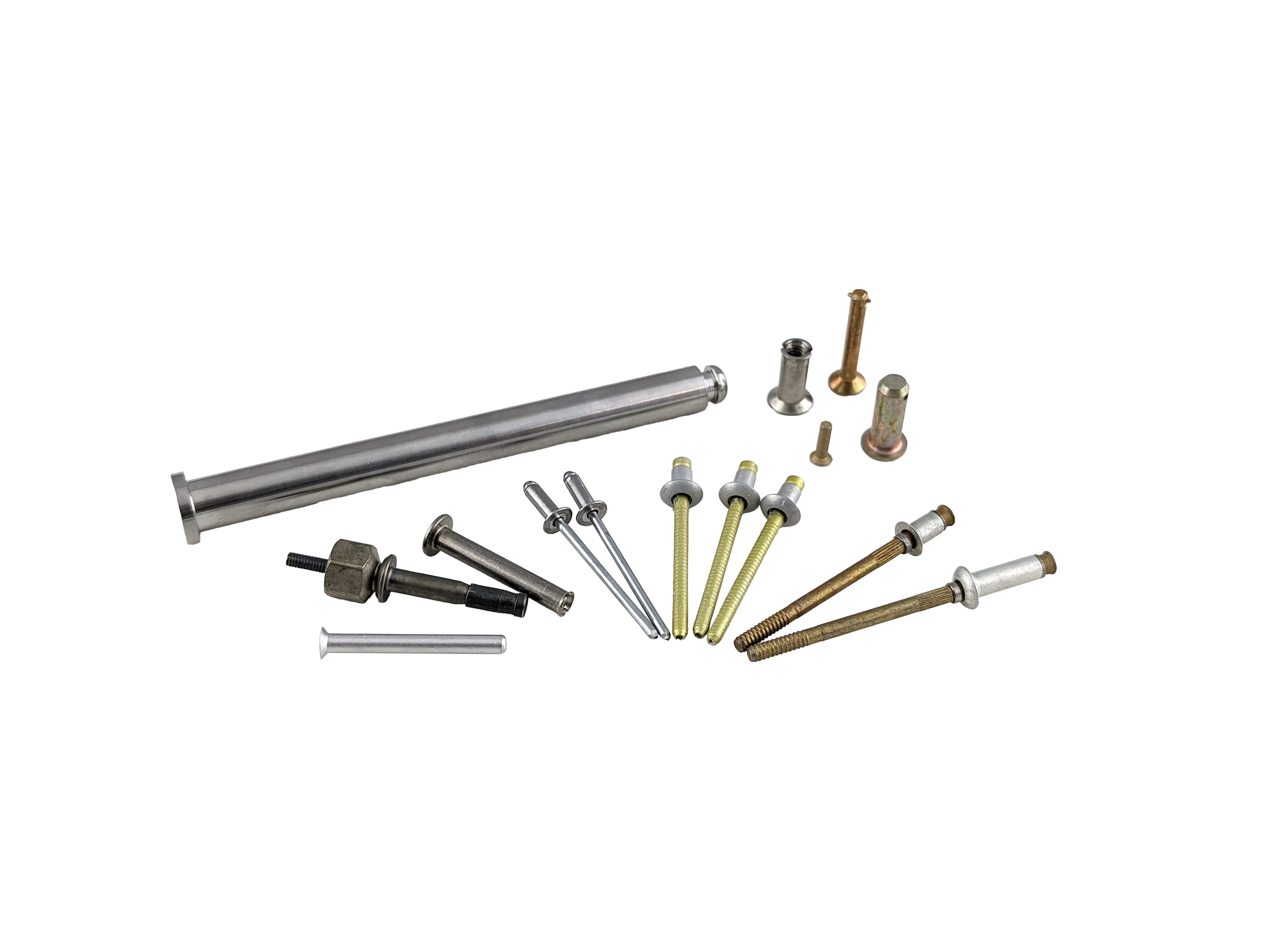A collection of aerospace blind rivets displayed on a transparent background, emphasizing their industrial design.