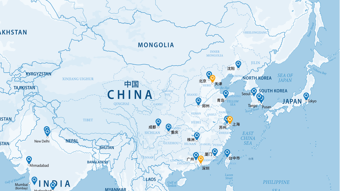 中国地图以白色和蓝色显示Bossard在中国的地点