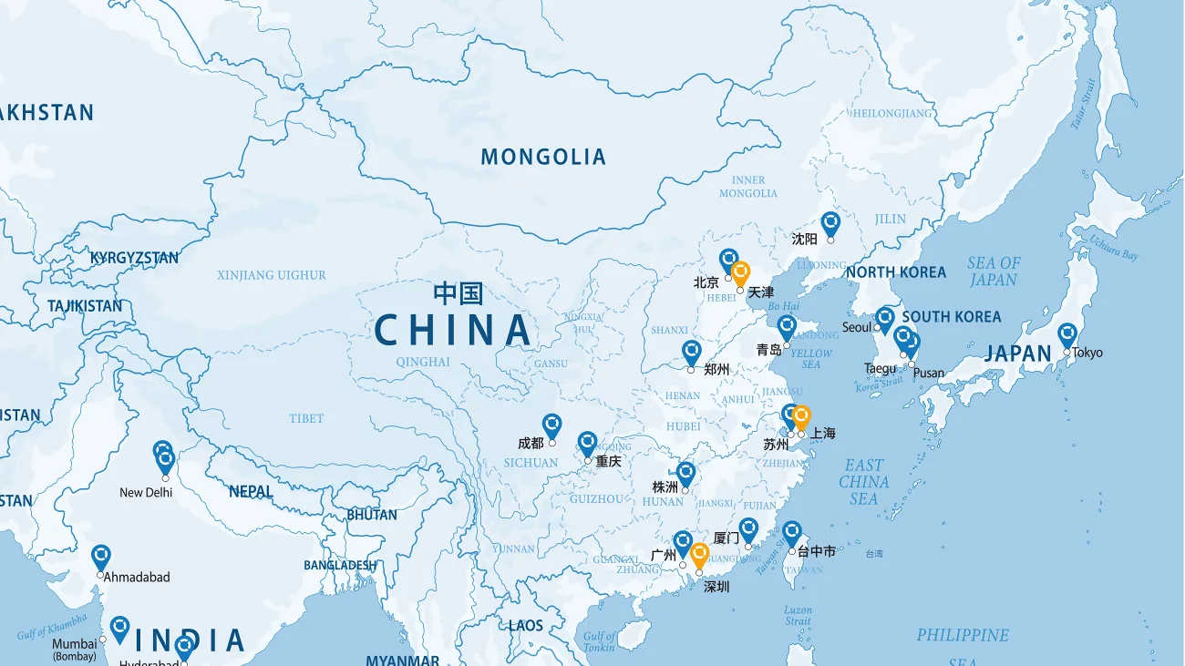 Map of china in white and blue colors showing Bossard locations in China