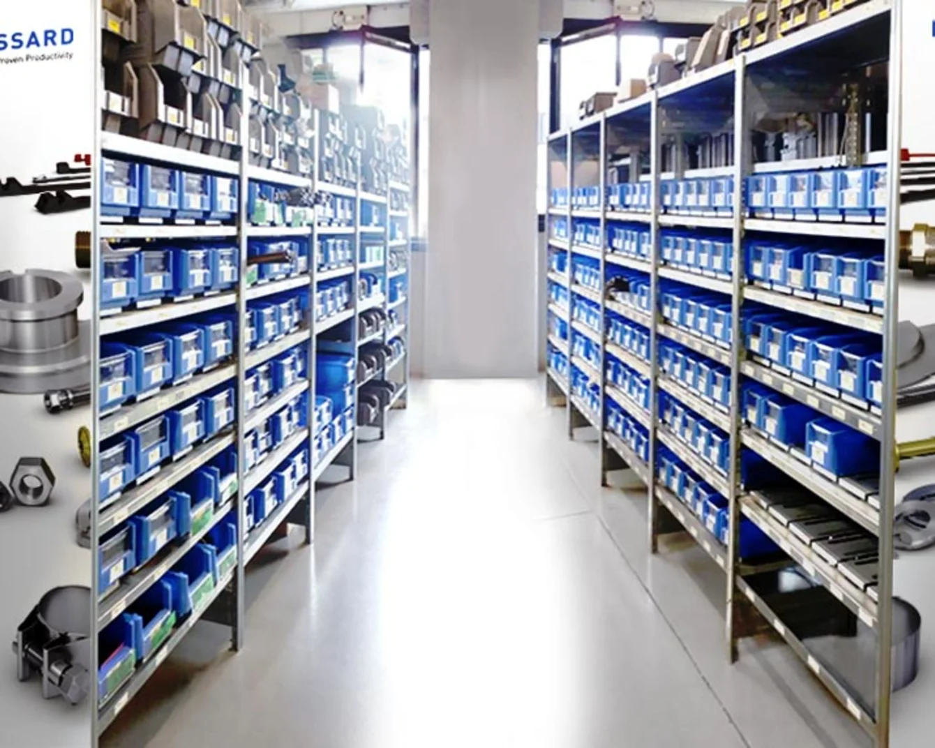 A warehouse aisle with metal shelves filled with blue bins, containing various small parts and tools, under bright lighting.