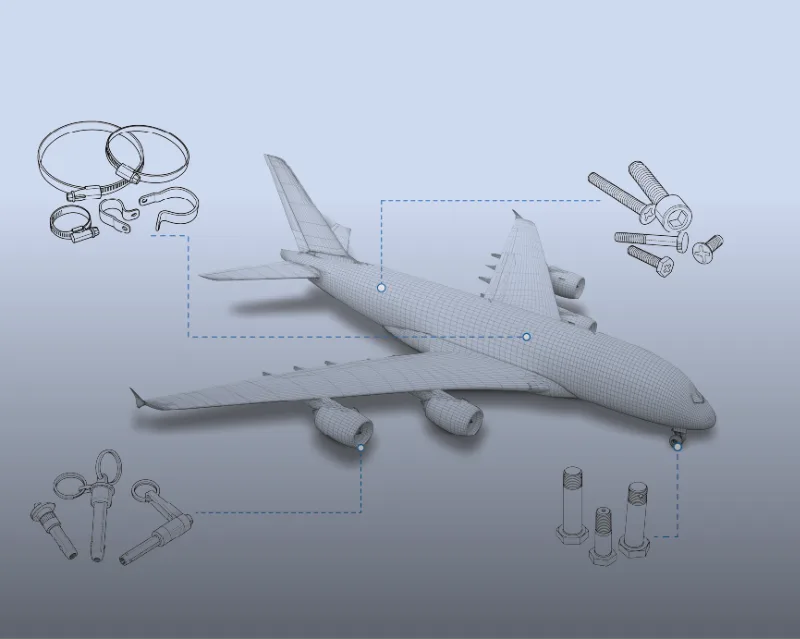 airplane and parts illustration with gradient overlay