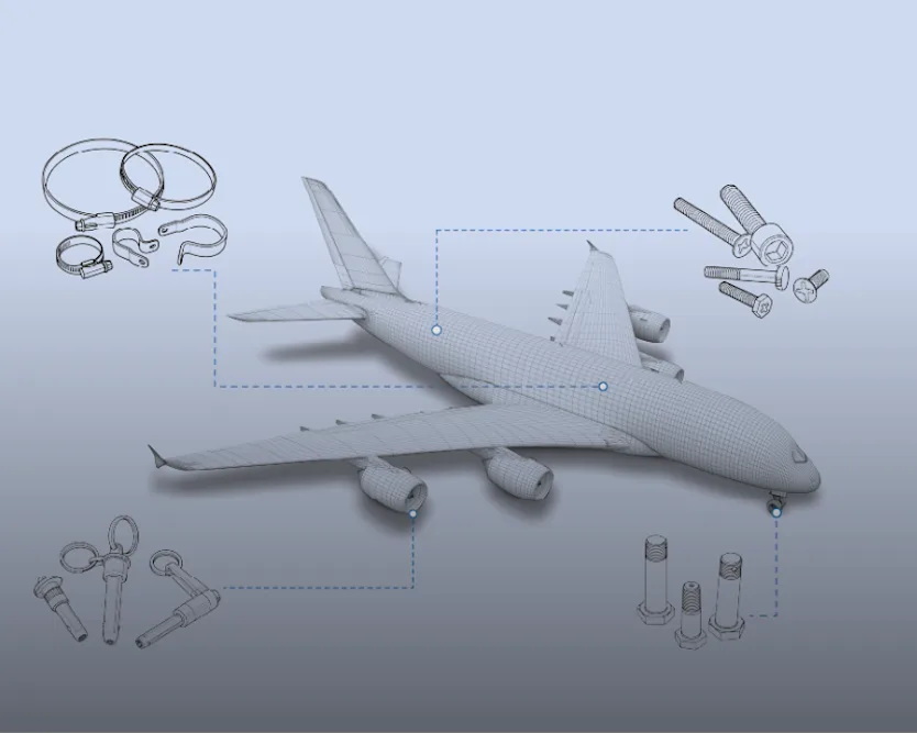 airplane and parts illustration with gradient overlay