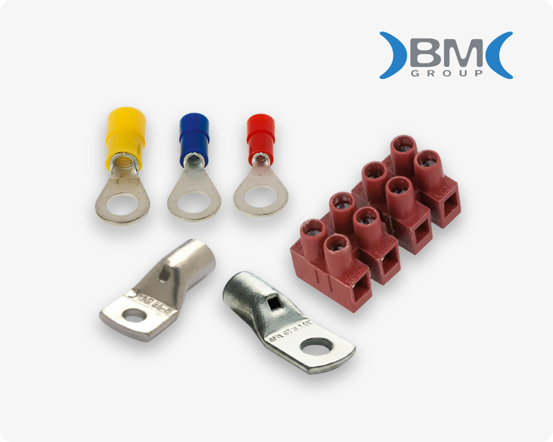 Different BM products, including solderless terminals, cable lugs and a red terminal block on light grey background, with the BM Group logo in the top right corner.