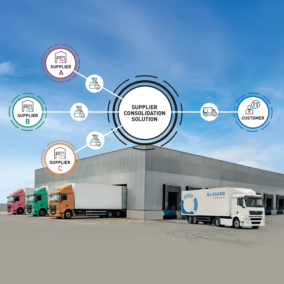 Illustration that showcases the consolidation of several suppliers at Bossard to deliver C-parts from one single source