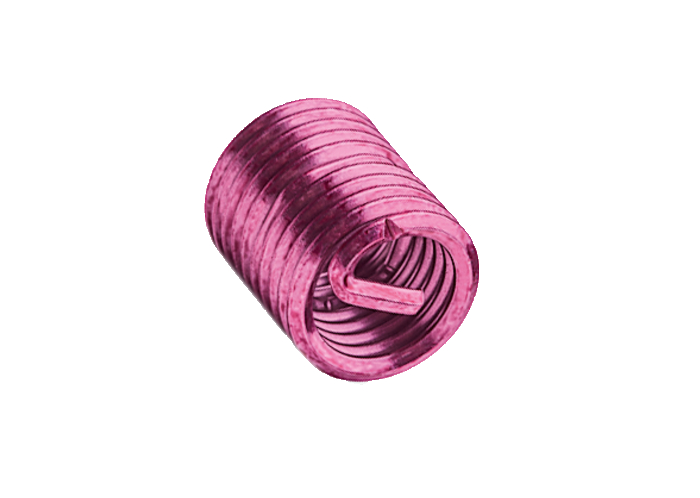 A pink LOCKFIL metal wire thread insert with spiral structure and tang on a white background.