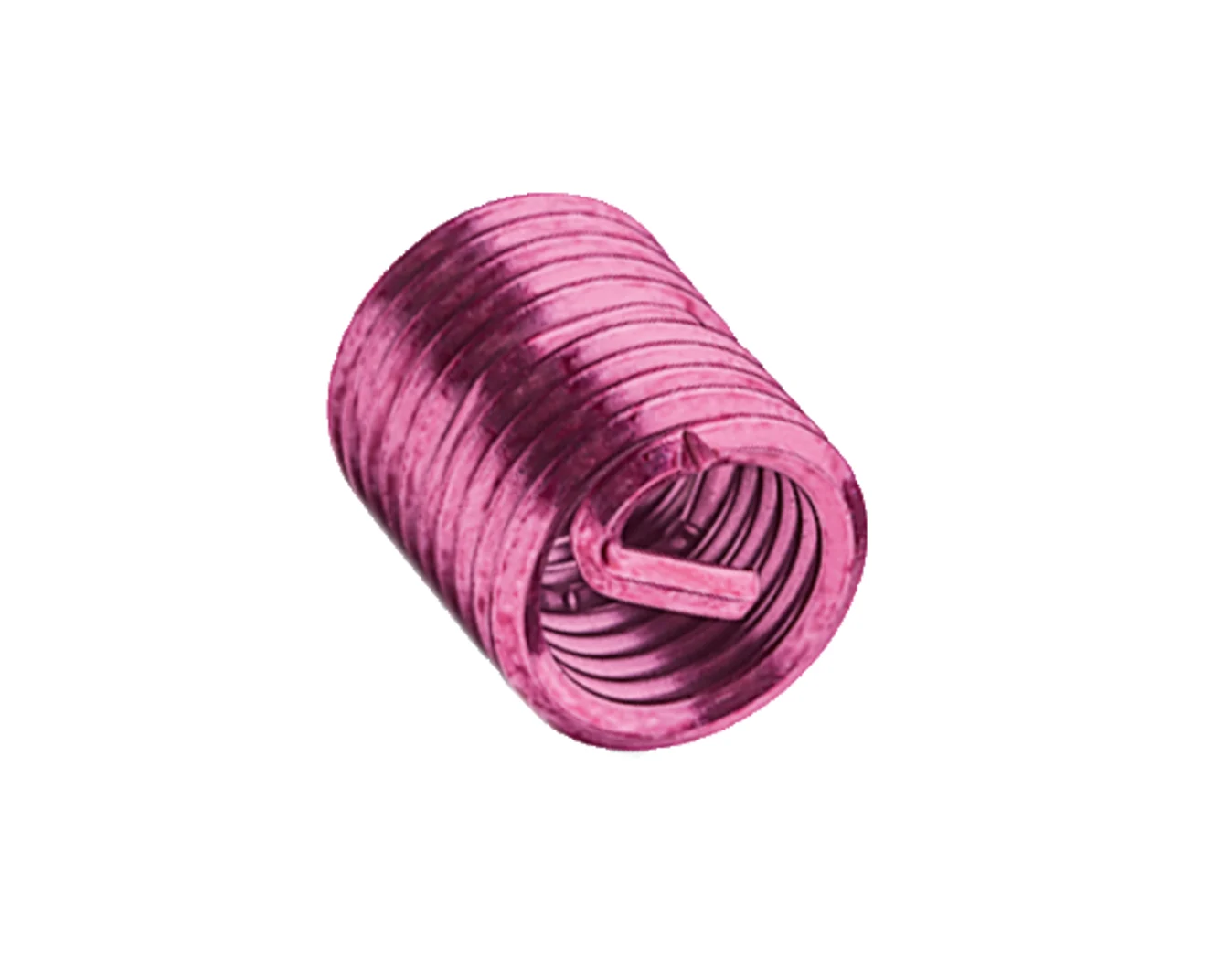 A pink LOCKFIL metal wire thread insert with spiral structure and tang on a white background.