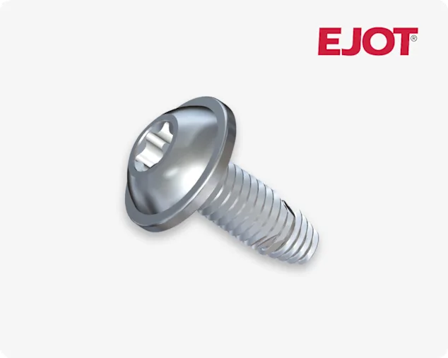 Renderings of two metal EJOT Sheettracs screws - self-tapping sheet metal screws - on light grey background with the EJOT logo in the top right corner.