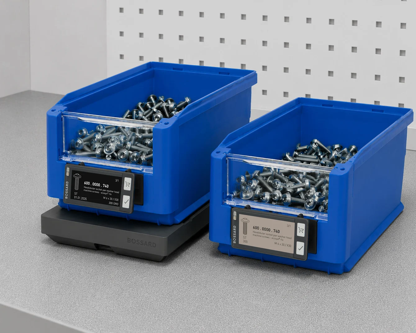 Two blue plastic storage bins filled with screws, each with a digital display label showing inventory numbers and quantities.
