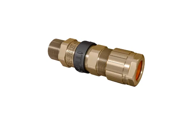 A brass Hawke cable gland for hazardous environments on white background