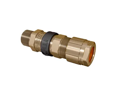 A brass Hawke cable gland for hazardous environments on white background