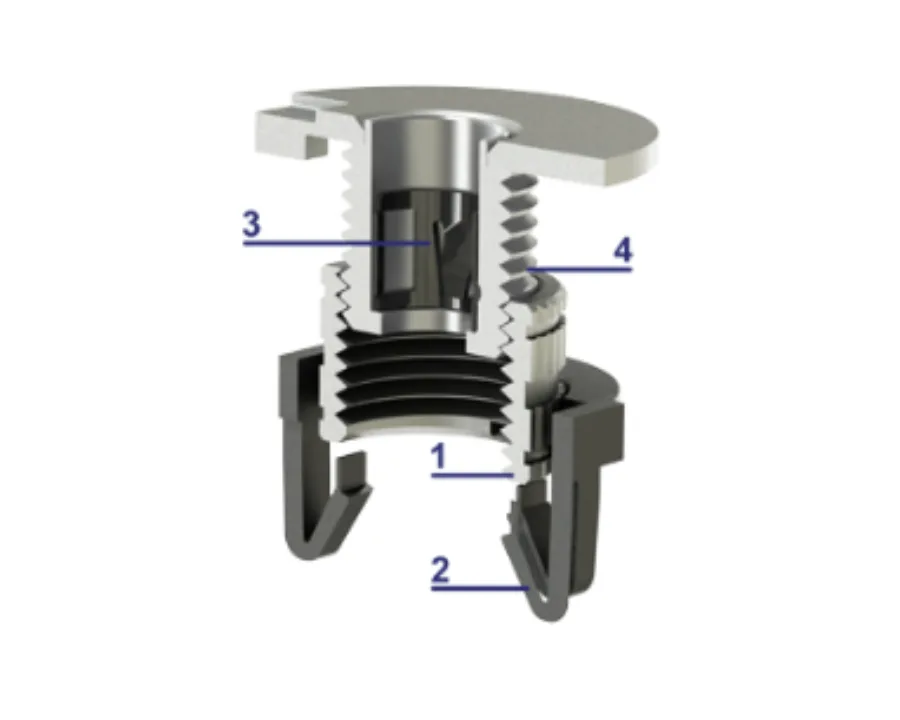 一个被切成两半的WITOL公差补偿紧固件,不同的组成部分用数字标注。