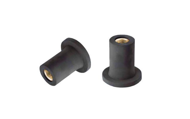 Two black FASTEKS FILKO blind clip-in nuts on white background