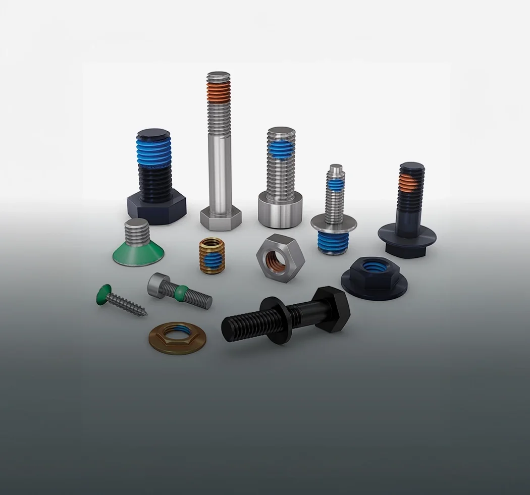 Different types of screws, nuts and bolts with different types of coating patches, sealing coatings and more.