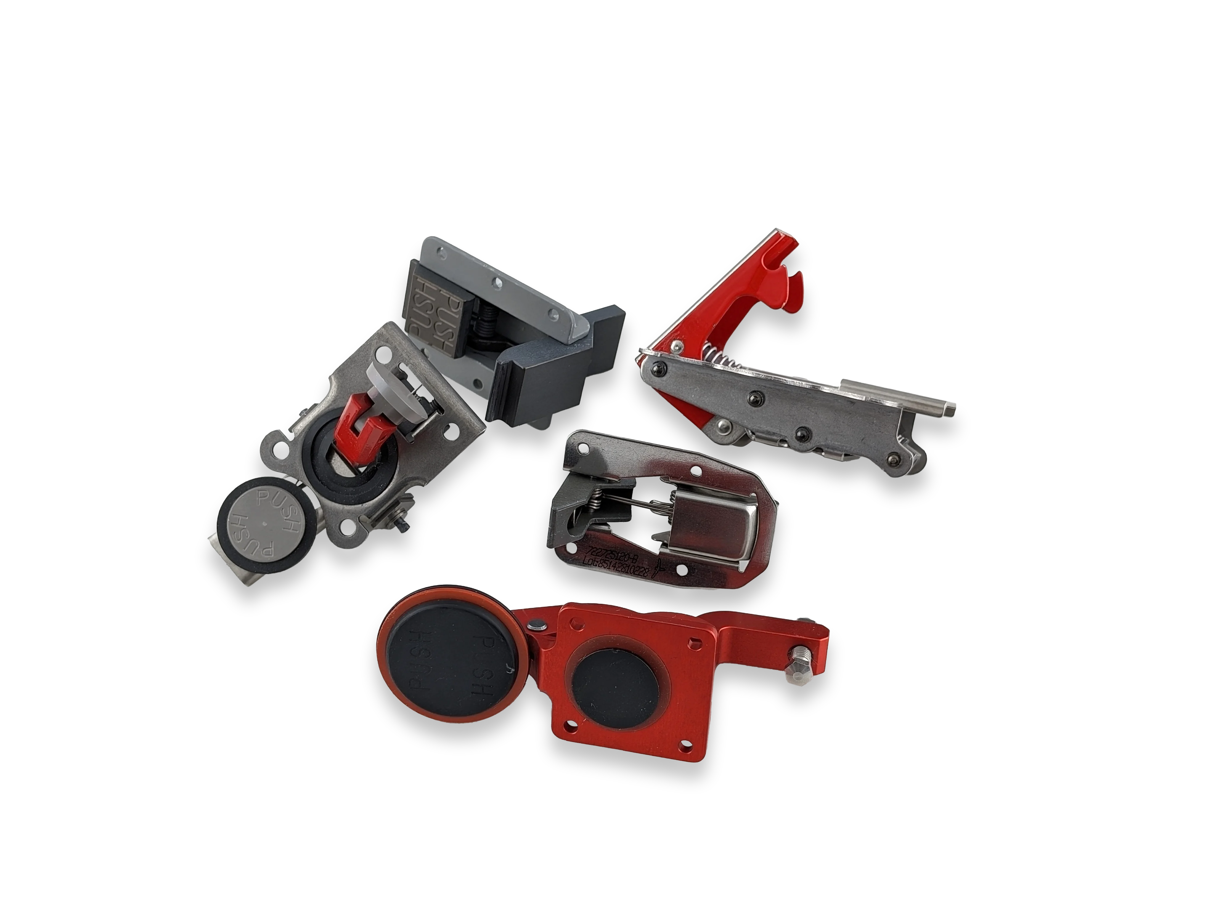 A collection of aerospace hinges and latches on a transparent background, emphasizing their industrial design.